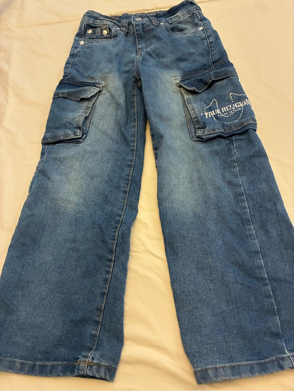 True Religion Kids Blue Bootcut Cargo Jeans with Embellished Pocket Size 8